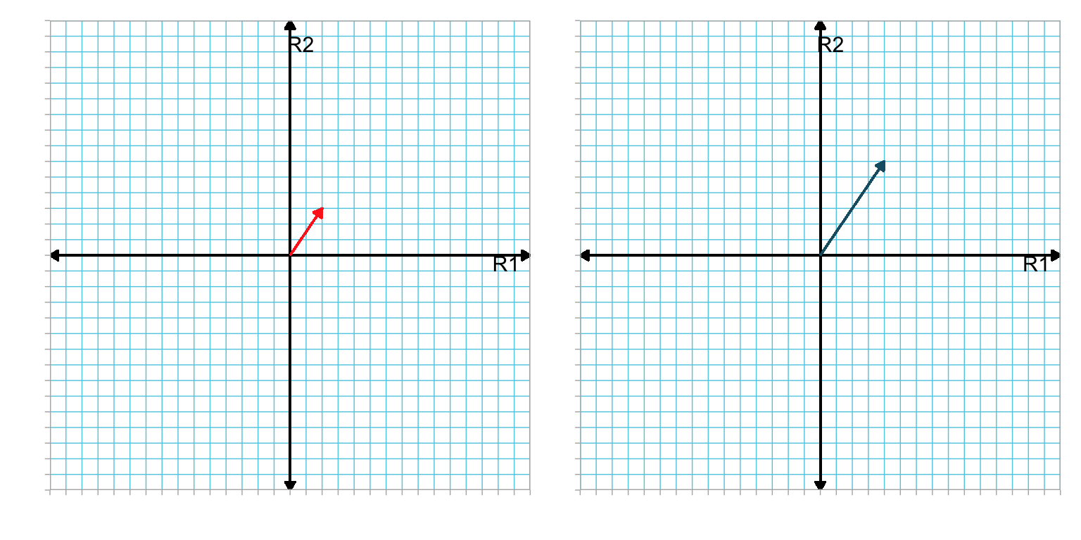 LEFT: Plot showing vector **a** in the R1--R2 dimensional space. RIGHT: Plot showing vector 2(**a**) in the R1--R2 dimensional space. For convenience we have located the tail of both vectors at the origin.