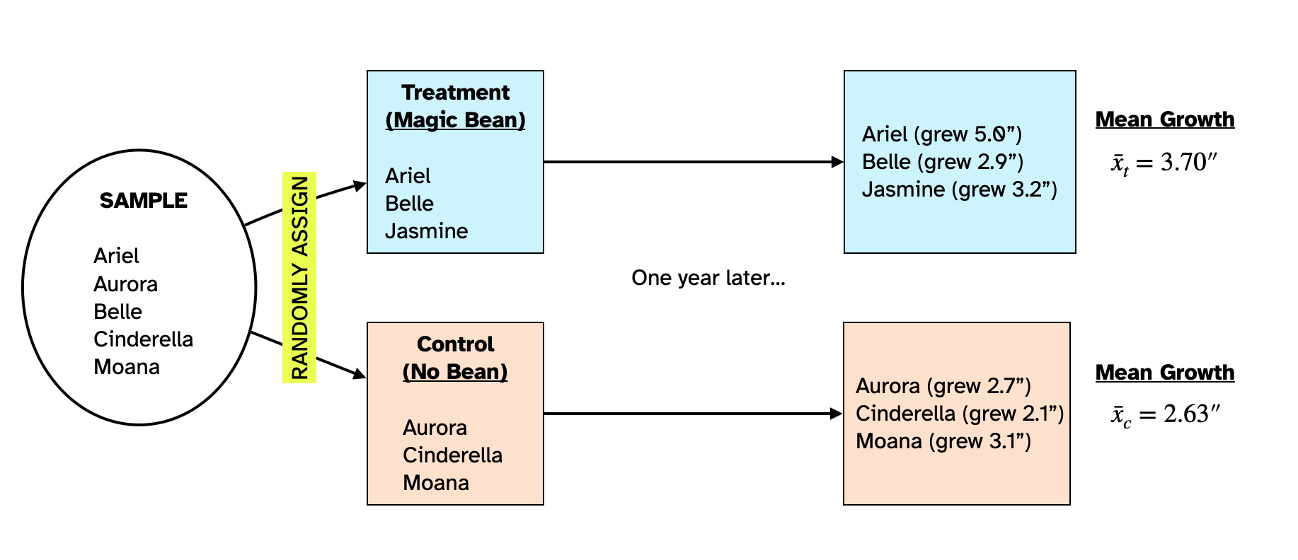 The six people in the sample are randomly assigned to two groups. The mean growth for people in the treatment group was 3.70 inches and that for the control group was 2.63 inches.