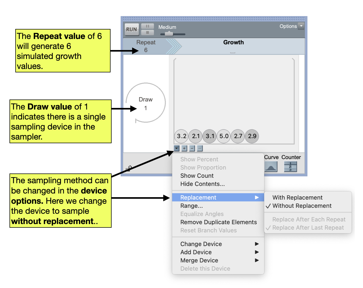 A TinkerPlots sampler including a mixer containing the six responses (i.e., growth values). To mimic random assignment we will sample elements without replacement.