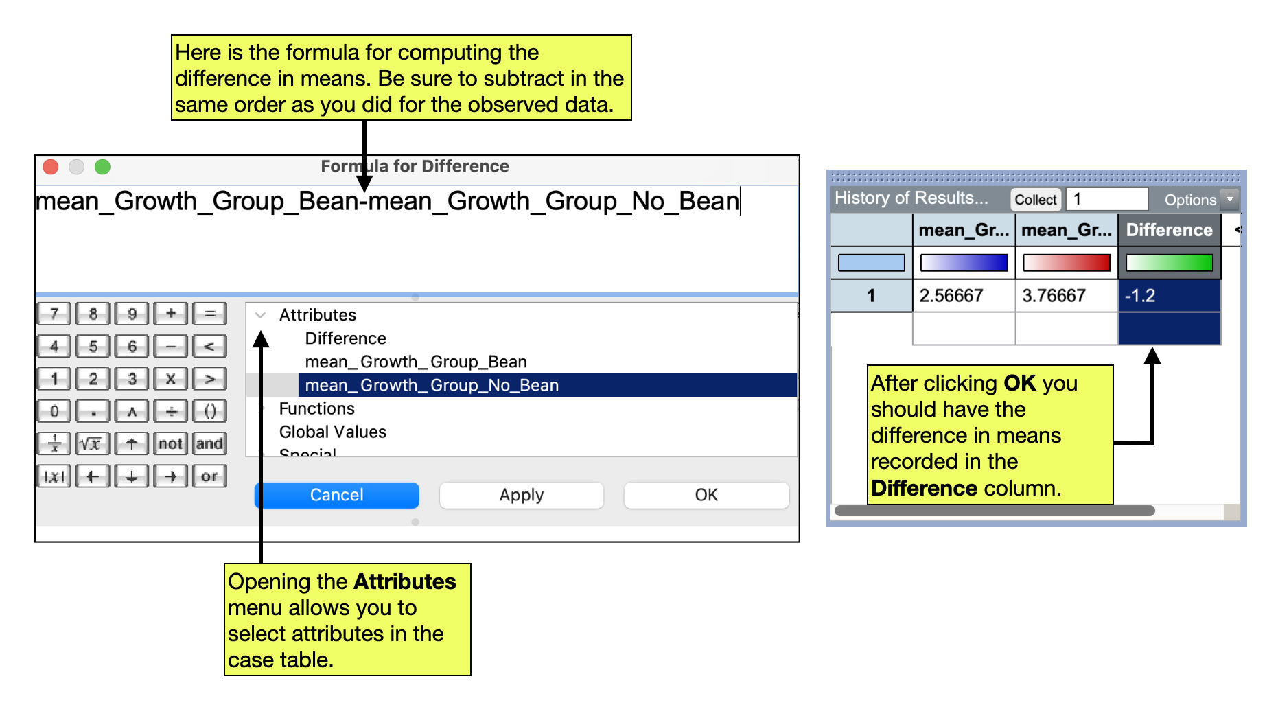 LEFT: The formula editor showing the subtraction to find the difference in means. RIGHT: The case table where the means were collected also now includes the difference in means.