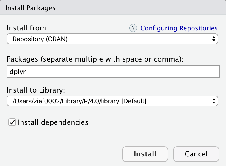 Pop-up window to install packages. Here we are installing the dplyr package. Note that the 'Install dependencies' box is checked.