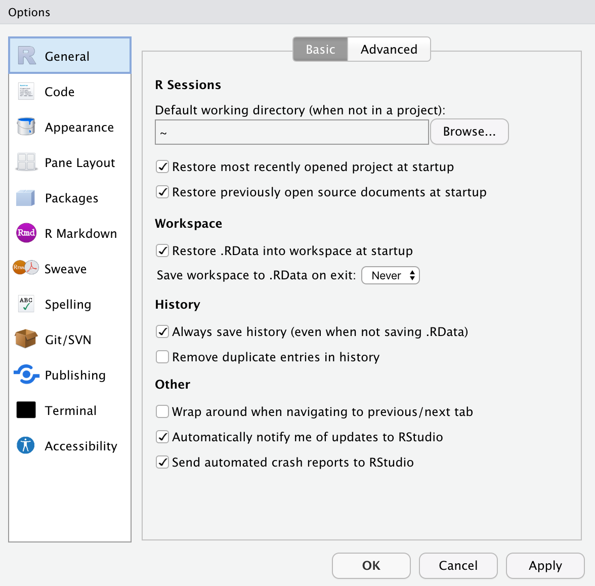 The RStudio options/preferences menu has many settings to customize RStudio.