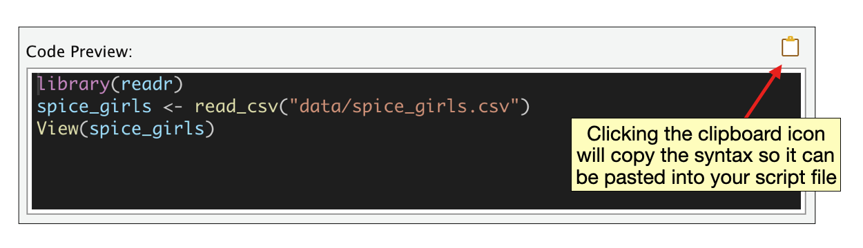 Code Preview window showing the syntax to import the *spice_girls.csv* data.